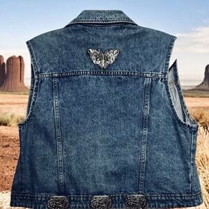 Vintage Denim Vest Boho Embellished Upcycled Medallions Repurposed Large
